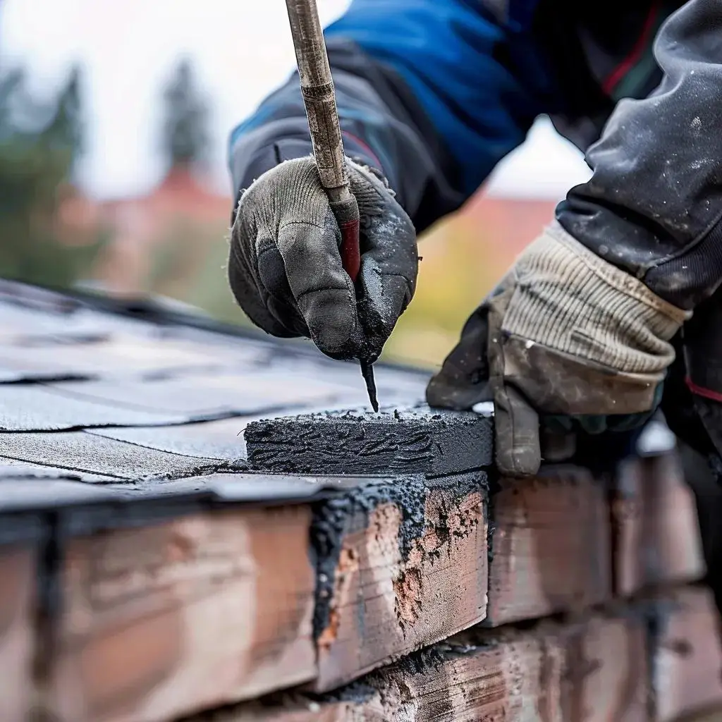 Technician repairing roof flashing at a chimney base, highlighting the importance of proper sealing to prevent leaks
