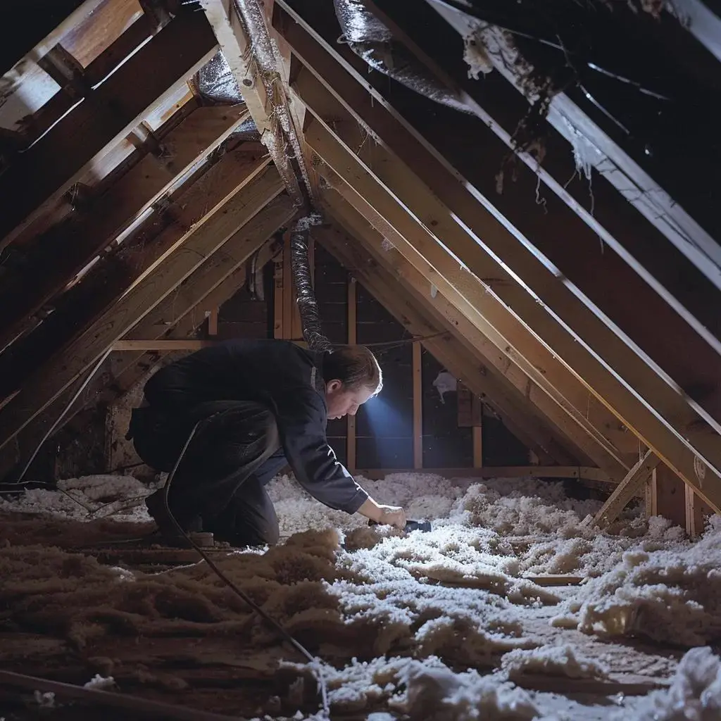 Homeowner inspecting attic rafters for water damage, emphasizing the importance of attic inspections in leak detection