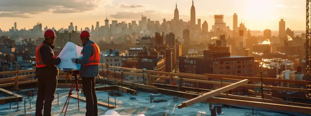 a bustling urban construction site in new jersey, showcasing a diverse team of professionals reviewing blueprints against the backdrop of various rooftops and city skyline, under a bright, clear sky.
