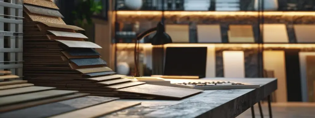 a close-up view of a diverse selection of roofing materials displayed on a sleek, modern office table, with architectural plans and a laptop showing a roof replacement cost calculator in the background, illuminated by bright, focused office lighting.