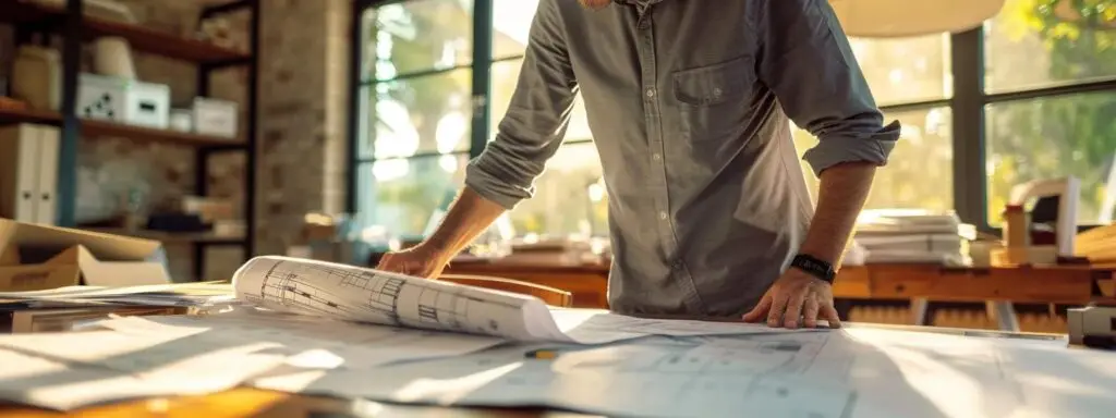 a detailed and organized office consultation scene depicts a roofing contractor explaining the roof replacement process to a homeowner, with architectural plans and roofing materials samples spread across a sleek conference table, illuminated by warm overhead lighting.