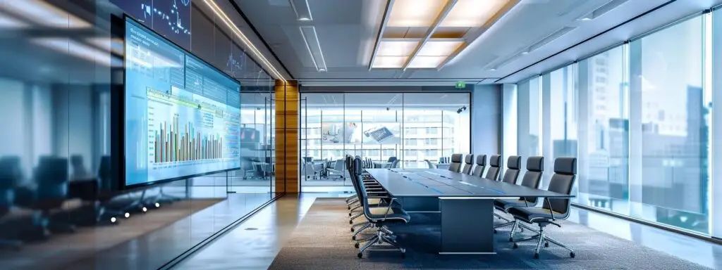 a modern office conference room with a large digital display showcasing a detailed infographic on roof replacement costs in new jersey, highlighted by bright overhead lighting and sleek glass walls.