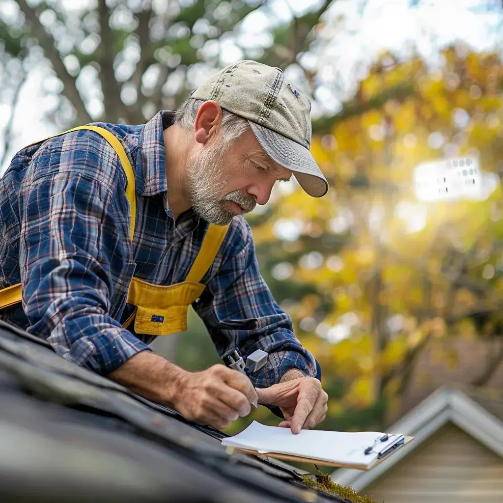 Professional roofing inspector examining shingles during a seasonal roof inspection in a New Jersey neighborhood