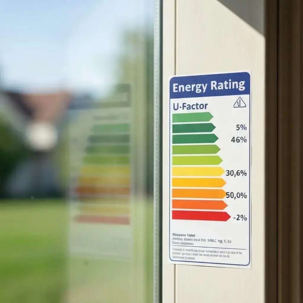 Close-up of a window energy rating label showing U-factor and SHGC values