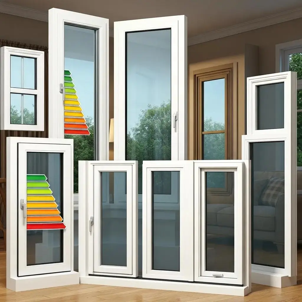 Showcase of energy-efficient windows featuring Low-E glass and argon gas fill, presented in a realistic home environment