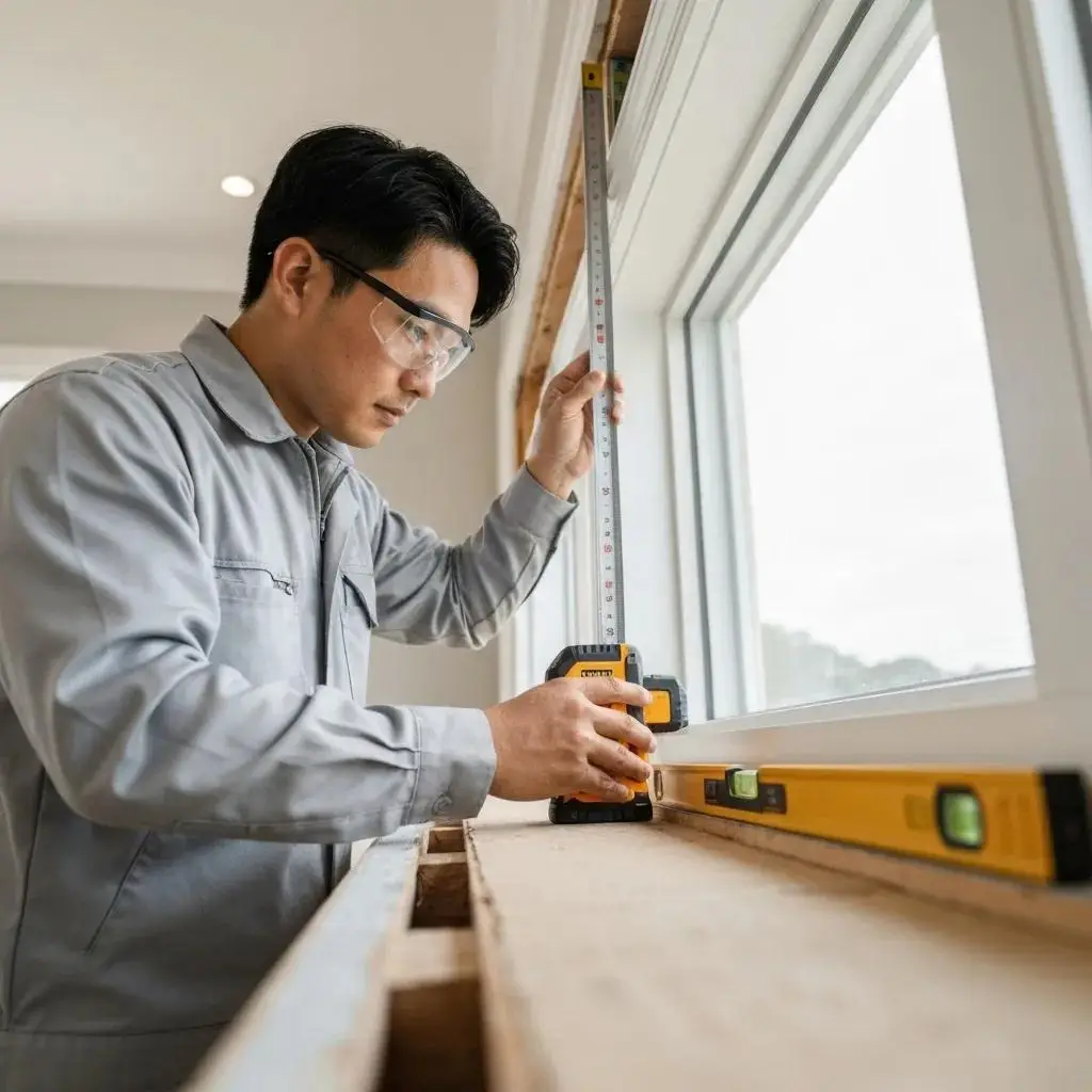 Professional installer preparing a rough opening for energy-efficient window installation