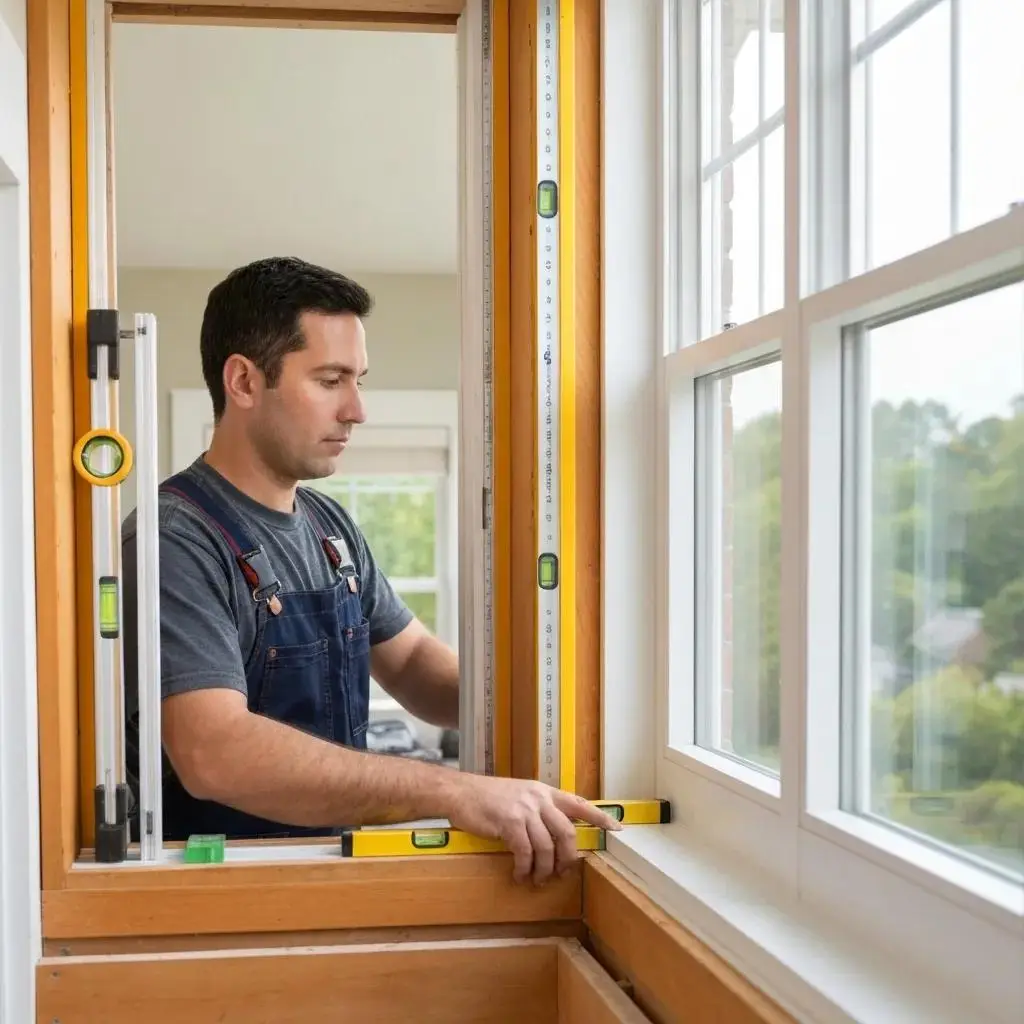 Professional window installer preparing a rough opening with tools for optimal energy efficiency
