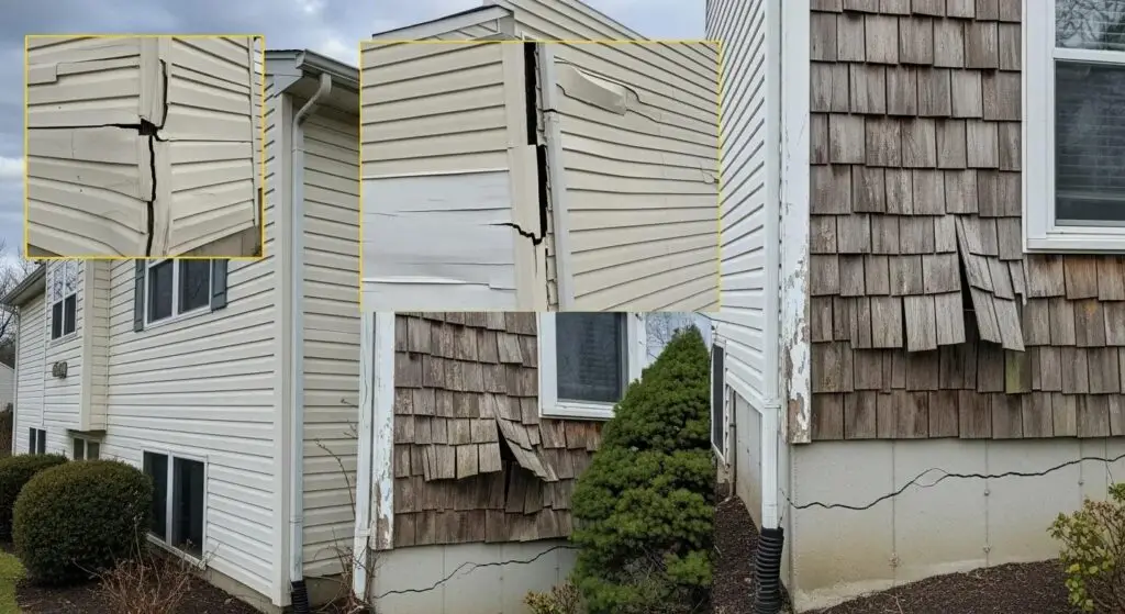 Exterior of a Lawrence Township, NJ home showing common siding types and issues such as warping and cracks