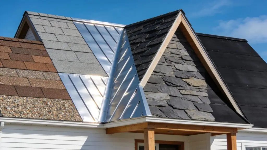 Diverse roofing materials including asphalt shingles, metal roofing, slate tiles, and rubber roofing suitable for homeowners
