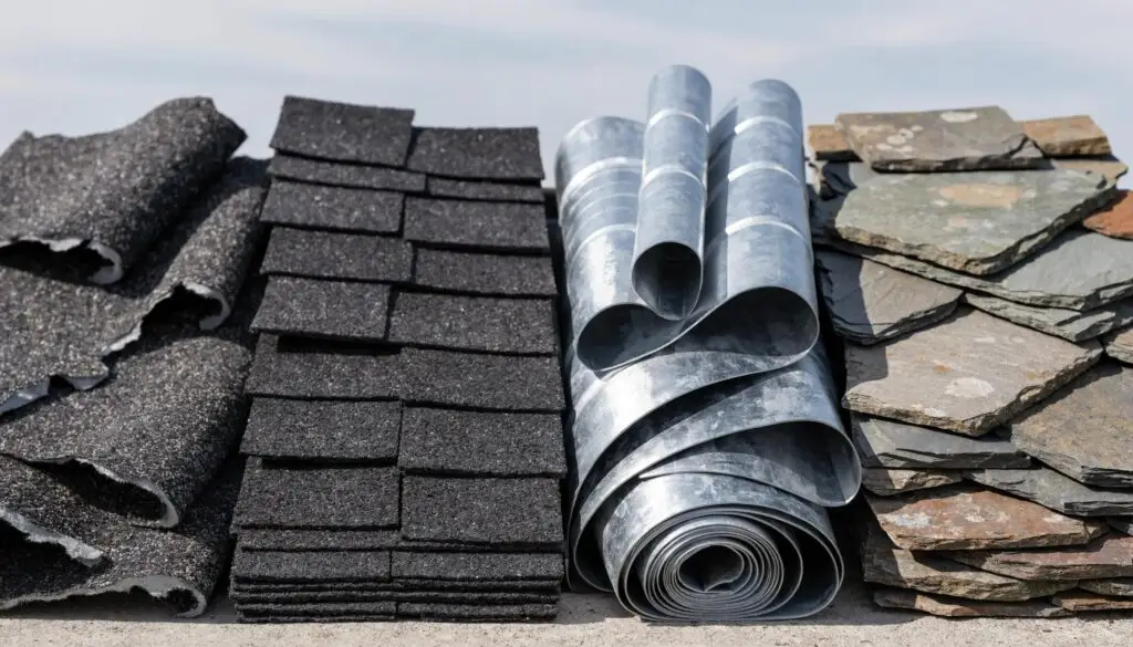 Close-up comparison of asphalt shingles, metal roofing, slate tiles, and rubber roofing showcasing their textures and colors
