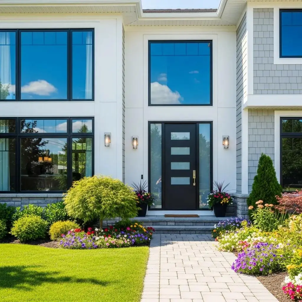 Beautifully renovated home exterior showcasing modern windows and stylish front door