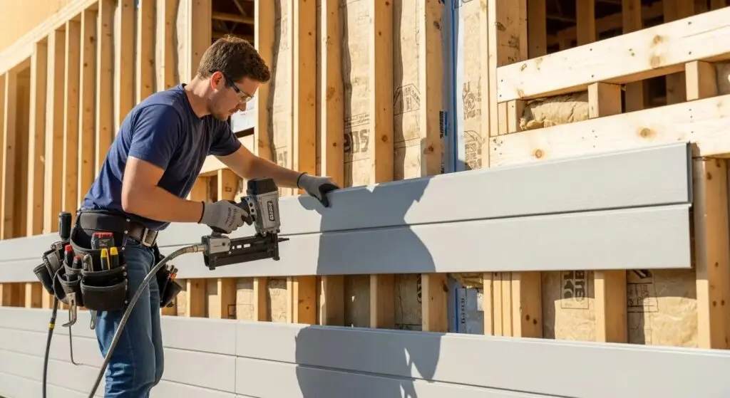 Contractor expertly installing energy-efficient siding, showing workmanship and attention to detail