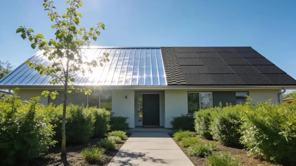 Eco-friendly home with a metal roof reflecting sunlight and surrounded by greenery, highlighting energy-efficient roofing benefits