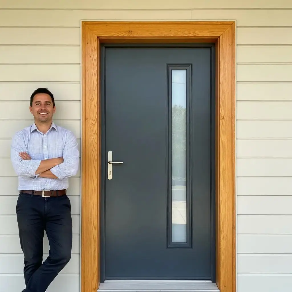 Owner standing by a new front door and refreshed siding to enhance curb appeal